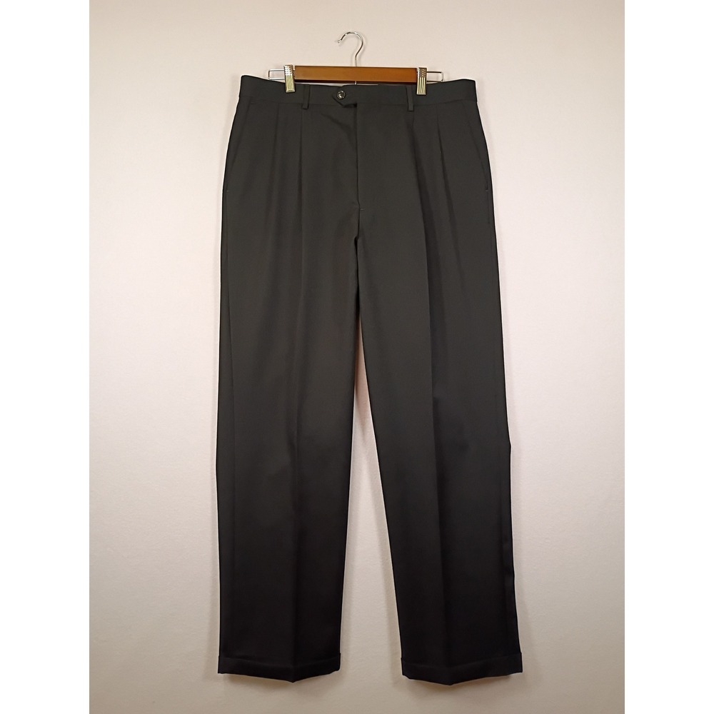 Bill Blass Black Label Mens 35x32 Black Worsted Wool Pleated Cuffed Dress Pants